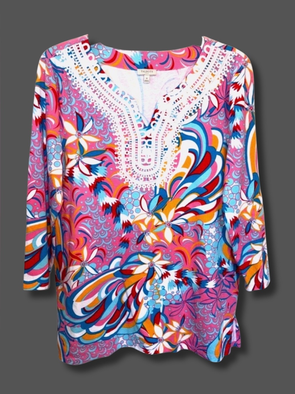 Talbots Womens M Pink Multicolor Floral Tunic Top Crochet Trim 3/4 Sleeve